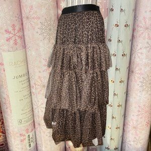 eva franco leopard print tiered elastic waist maxi skirt tulle size medium